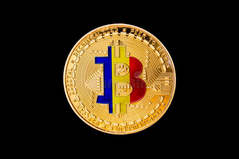Goldenes bitcoin mit der rumänischen Flagge in der Mitte/im Rumänien-cryp lizenzfreies stockfoto Goldenes bitcoin mit der rumänischen Flagge in der Mitte/im Rumänien-cryp lizenzfreies stockfoto