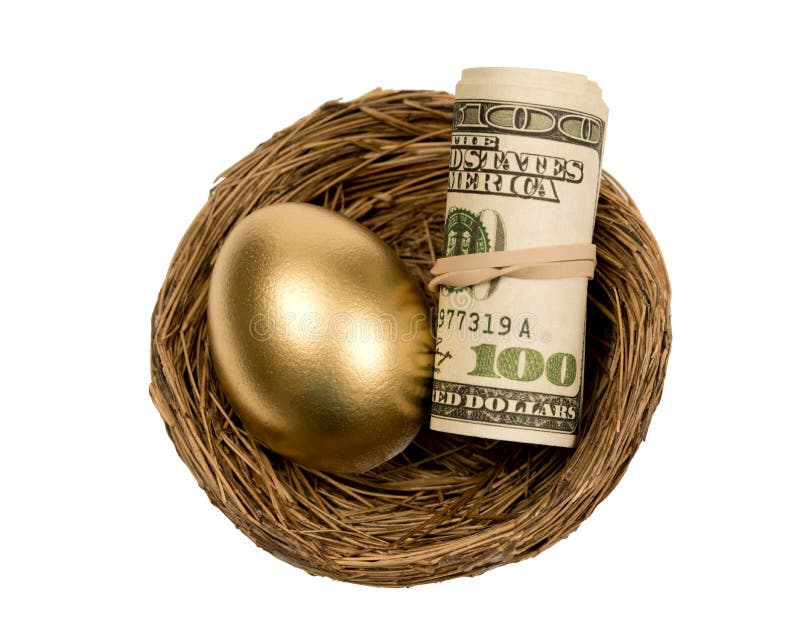 Nice combination of a golden egg and a roll of money together in a nest. Isolated on white background. Nice combination of a golden egg and a roll of money together in a nest. Isolated on white background.