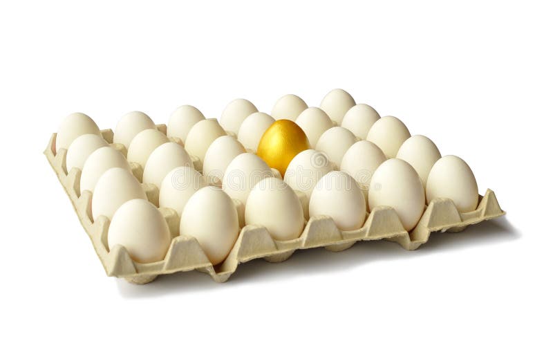 Goldenes Ei unter Hühnereiern auf Weiß lizenzfreie stockfotografie Goldenes Ei unter Hühnereiern auf Weiß lizenzfreie stockfotografie