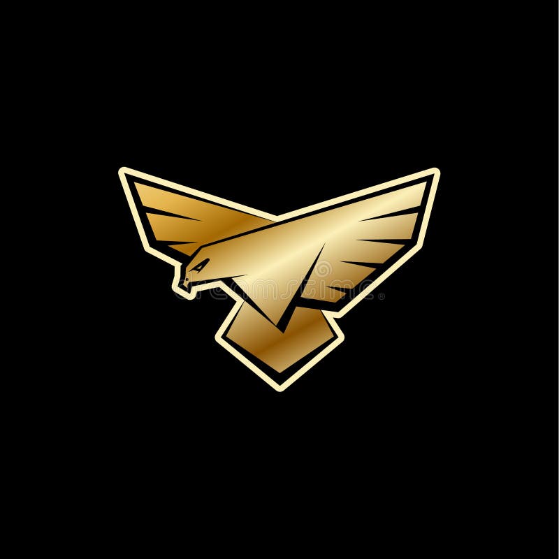 Goldenes Falkelogo Ein Vogel mit großen Flügeln landet Flache Logoschablone mit einem Raubvogel, Falken oder Adler lizenzfreie abbildung
