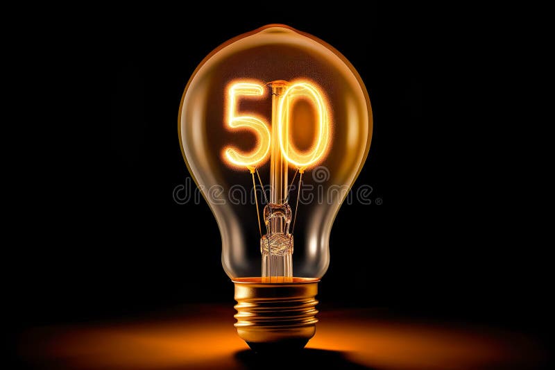 A light bulb with glowing filaments forming the number 50 against a dark background. A light bulb with glowing filaments forming the number 50 against a dark background