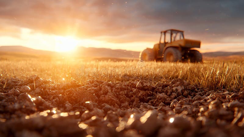 Goldenes Sonnenfeld mit Traktor lizenzfreie abbildung