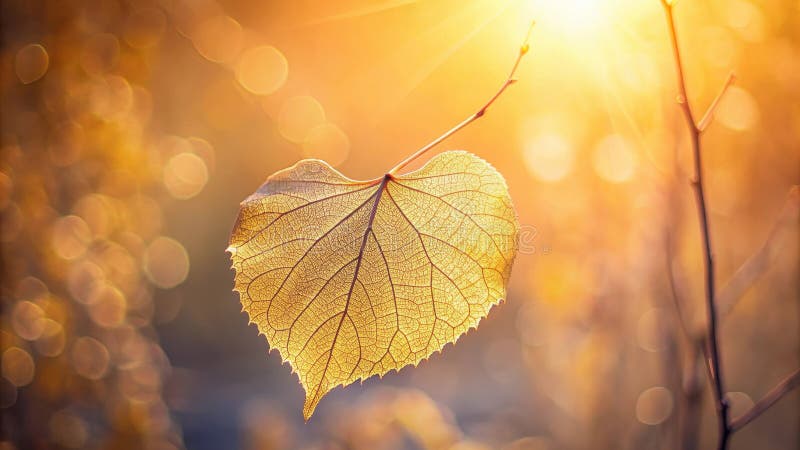 Goldenes Stundenblatt, ein zartes Herbstblatt, das von der Umgebung beleuchtet wird, strahlt warmes Licht. Generative AI lizenzfreie abbildung