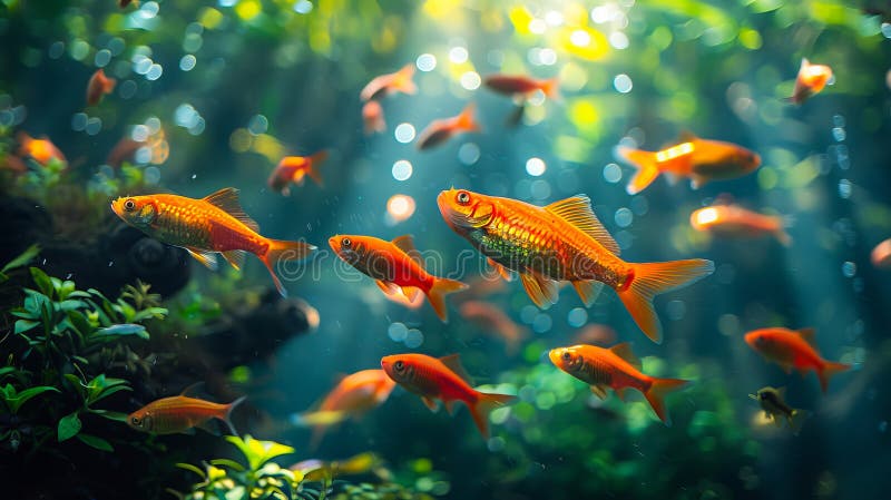 Goldfish in an aquarium with sunlight shining through royalty free stock photo