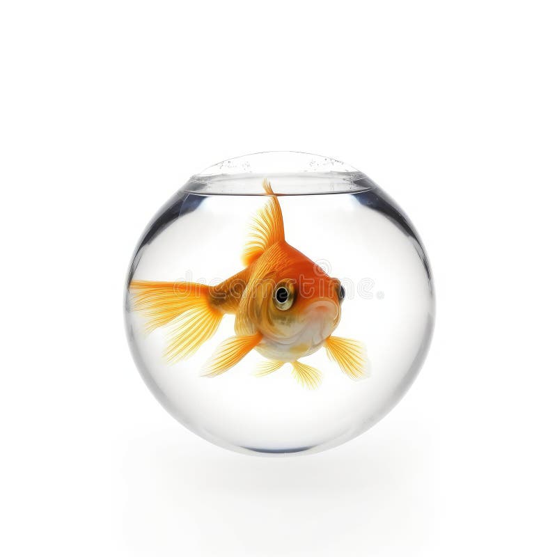 Goldfish in a Round Aquarium on a White Background Stock Photo Image