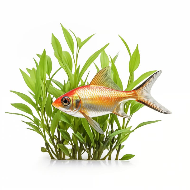 Goldfish Swimming among Green Plants in an Aquarium Stock Illustration