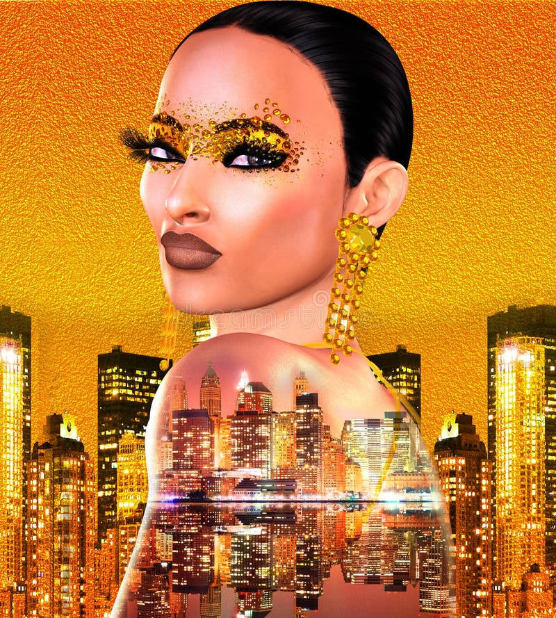 Goldfunkeln-Pop-Arten-Bild eines Frau ` s Gesichtes Dieses ist ein digitales Kunstbild eines Abschlusses herauf Frau ` s Gesicht