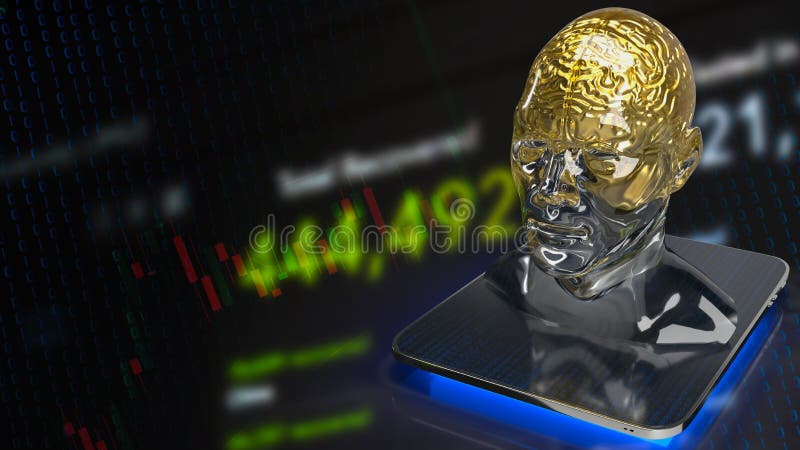 Goldgehirn im klaren Kopf auf Tablette für Business- oder Technologiekonzept 3d-Darstellung. Das goldene Gehirn im klaren Kopf auf Tablette für das Geschäfts- oder Technologiekonzept 3d-Rendering