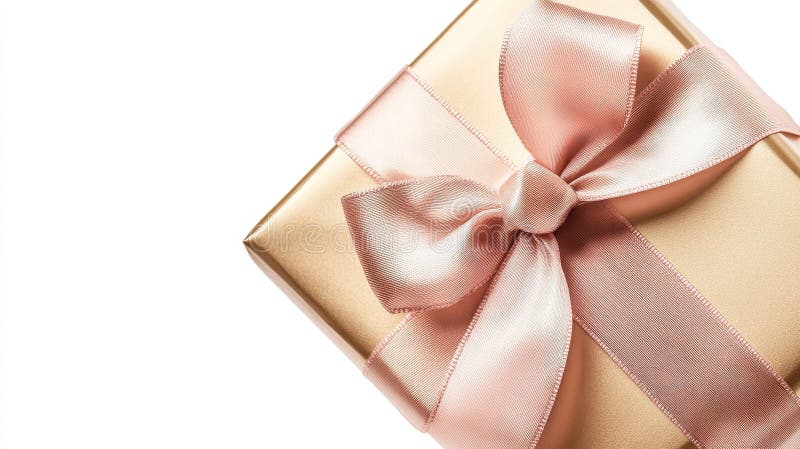 Goldgeschenkbox mit einem blassrosa Bow isoliert gegen einen weißen Hintergrund stockfoto