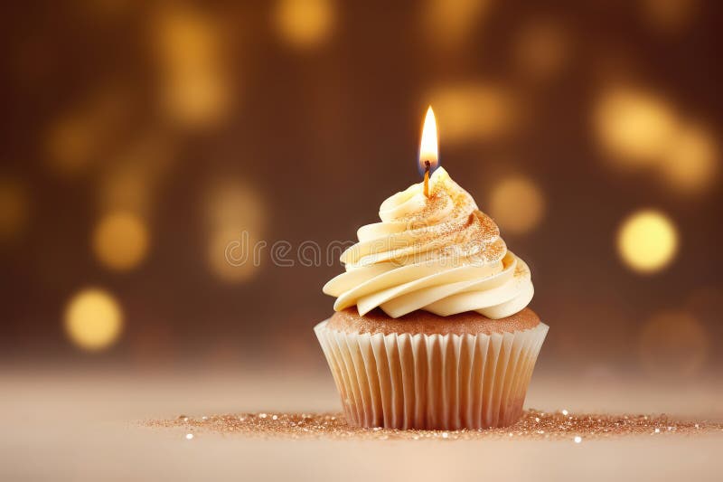 Goldkuchen mit beleuchteter Kerze auf goldenem Hintergrund leerer Platz. generative Hilfe stock abbildung