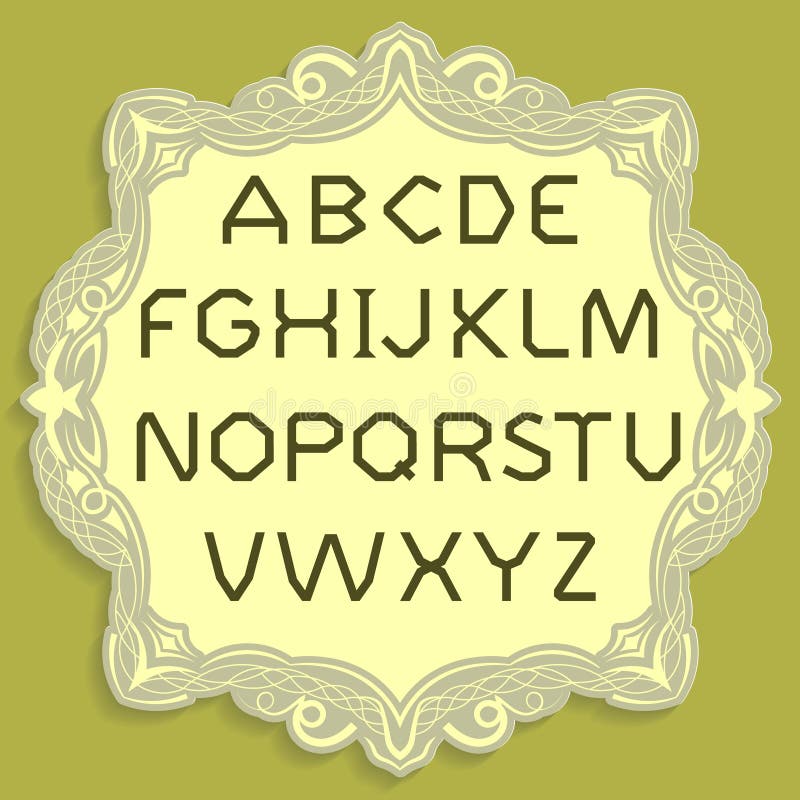 Goldnominelle Buchstaben Einfaches Alphabet des Vektors Goldguß gesetzt auf eine gelbe Weinlesekarte lizenzfreie abbildung