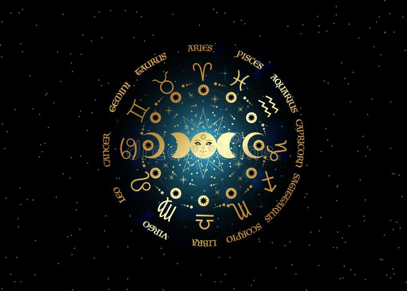 Gold wheel of the zodiac signs and triple moon, pagan Wiccan goddess symbol, sun system, moon phases, orbits of planets, energy circle. Vector isolated on starry black galaxy background. Gold wheel of the zodiac signs and triple moon, pagan Wiccan goddess symbol, sun system, moon phases, orbits of planets, energy circle. Vector isolated on starry black galaxy background