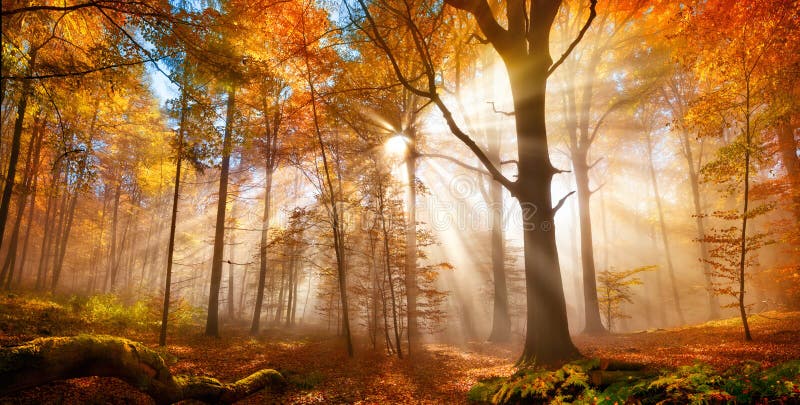 Goldwald im Herbst mit Sonnenstrahlen in Nebel