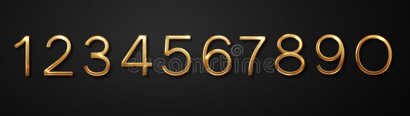 Goldzahl. realistische 3d-Zahlen von Null bis neun, isoliert auf schwarzem Hintergrund. Goldene Geburtstagszahlen vektor abbildung