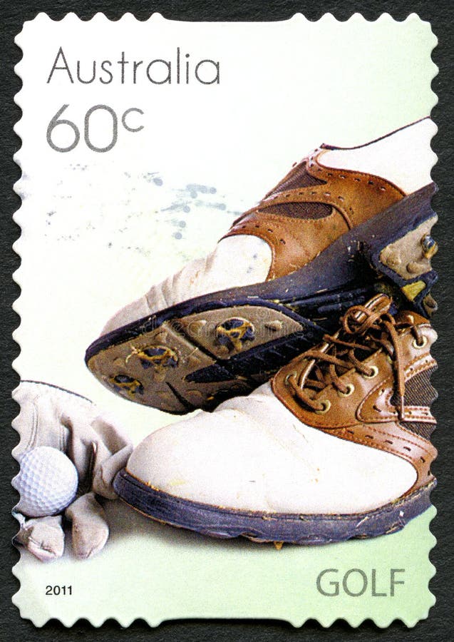 AUSTRALIA - CIRCA 2011: A used postage stamp from Australia, depicting an image of Golf shoes, gloves, and Golf ball, circa 2011. AUSTRALIA - CIRCA 2011: A used postage stamp from Australia, depicting an image of Golf shoes, gloves, and Golf ball, circa 2011.