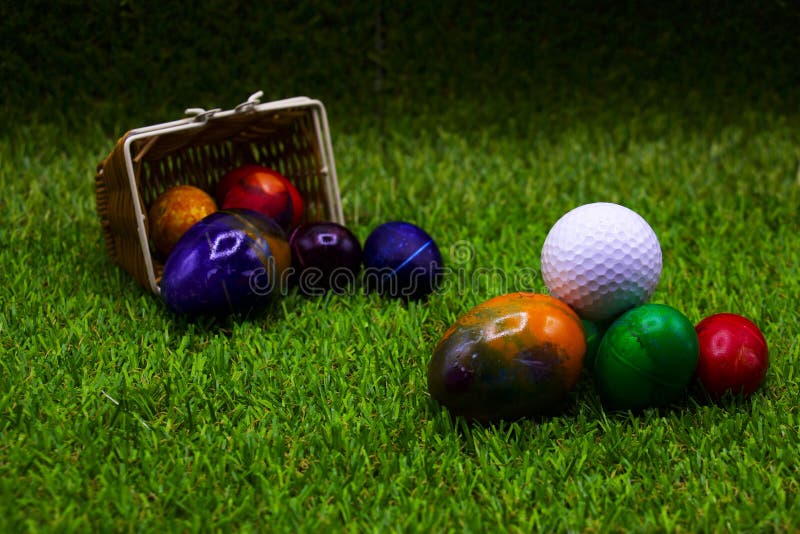 Golf Ball with Easter Eggs on Green Grass Stock Photo Image of design