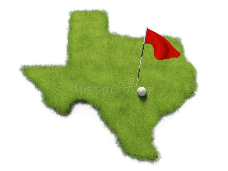 Golf ball and flag pole on course putting green shaped like the state of Texas