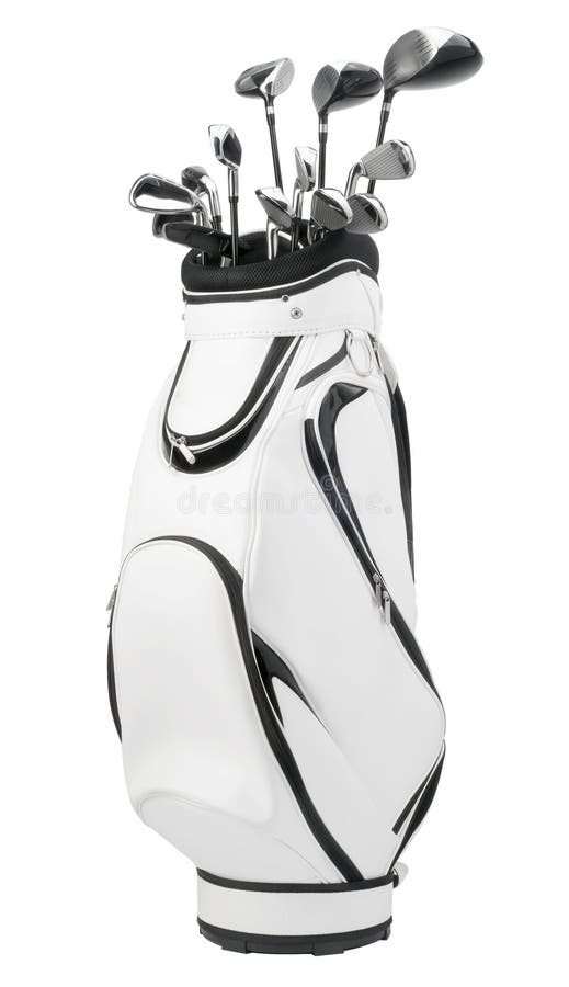 Golf clubs in white and black bag isolated on white