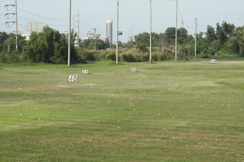 Golf Course Driving Range,Golf Ball Ready for Drive in Driving R Stock