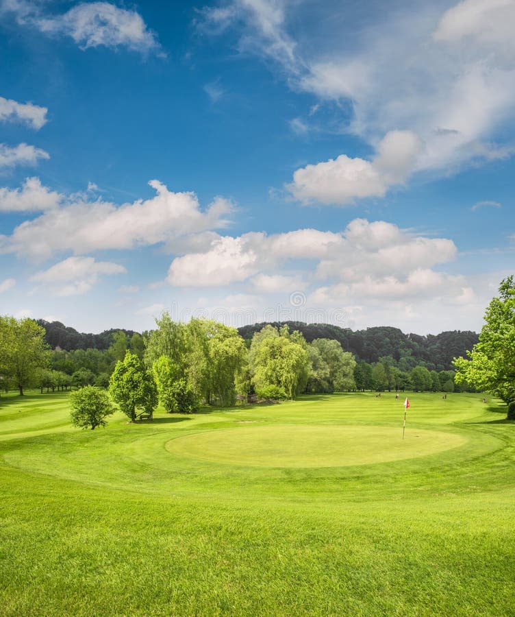 Golf course landscape. Field with green grass, trees, blue sky royalty free stock images Golf course landscape. Field with green grass, trees, blue sky royalty free stock images