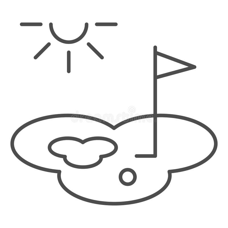 Golf course thin line icon, golf concept, playing field sign on white background, Golf field with flag, ball and hole royalty free illustration