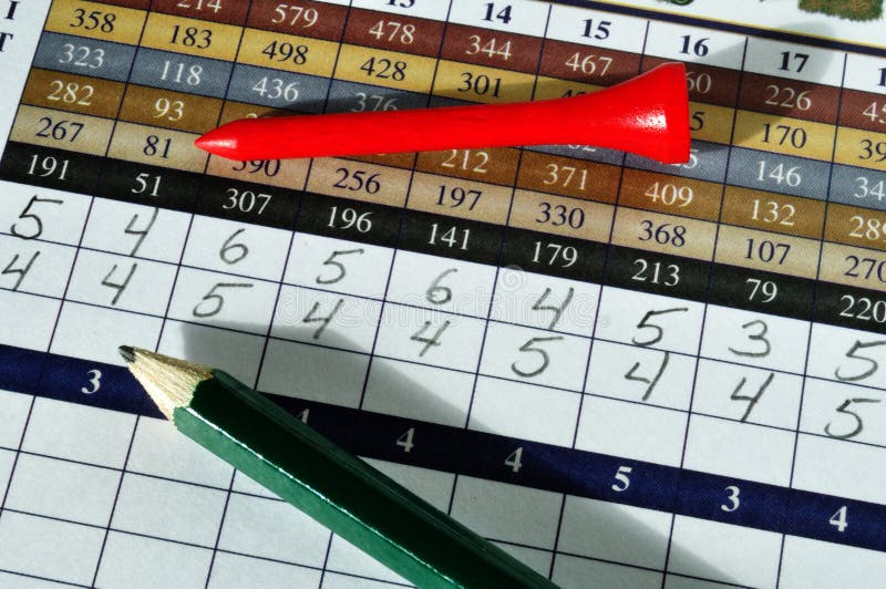 Golf Score Card with Red Tee and Green Pencil, horizontal. Golf Score Card with Red Tee and Green Pencil, horizontal