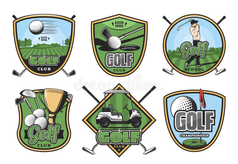 Golf la insignia retra del deporte con el club, la bola y el golfista ilustración del vector Golf la insignia retra del deporte con el club, la bola y el golfista ilustración del vector