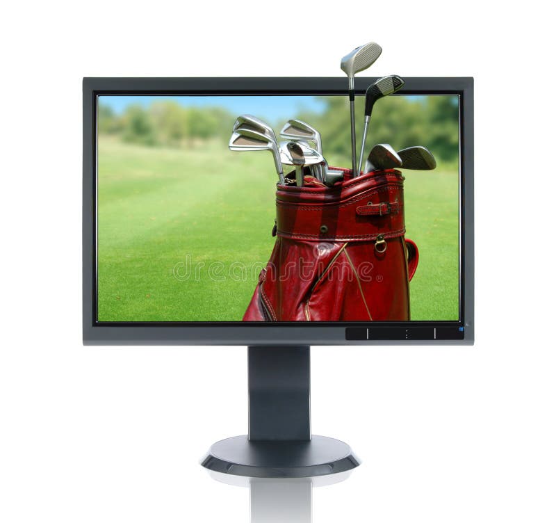 LCD monitor and golf bag isolated over a white background. LCD monitor and golf bag isolated over a white background