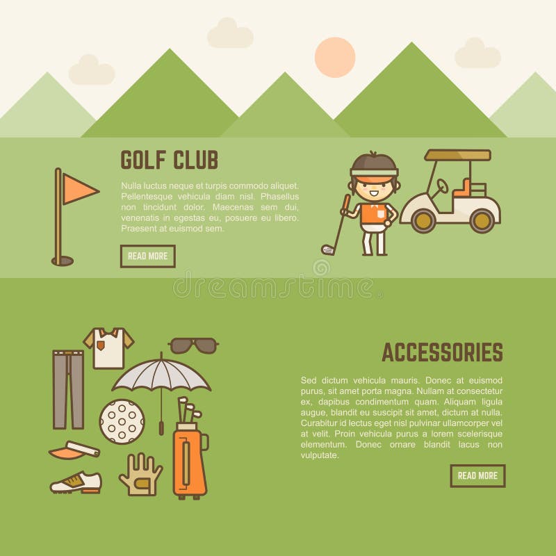 Golf player and accessories banner with outline icon. Golf tee outline vectors