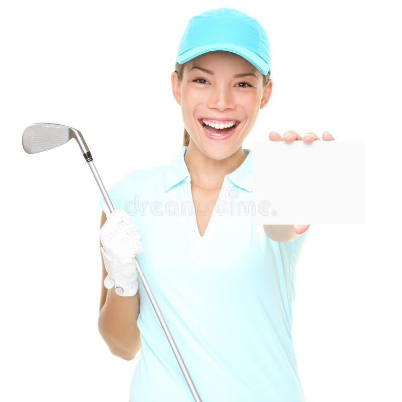 Golf player woman sign. Female golf player showing empty blank white paper sign card or gift card. Mixed race Asian Caucasian woman isolated on white background. Golf player woman sign. Female golf player showing empty blank white paper sign card or gift card. Mixed race Asian Caucasian woman isolated on white background