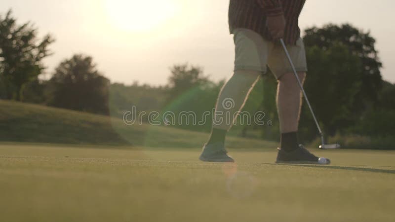 Golfbal die op het gras in de zonstralen liggen Niet erkende rijpe mens die de bal met een golfclub bewegen De vrije tijd van de