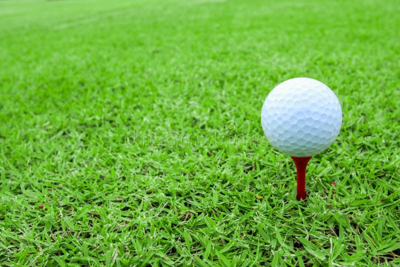 Golfbal op een T-stuk in groene grascursus stock afbeeldingen Golfbal op een T-stuk in groene grascursus stock afbeeldingen