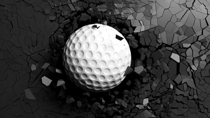 Golfball, der gewaltsam durch eine schwarze Wand bricht Abbildung 3D stock abbildung