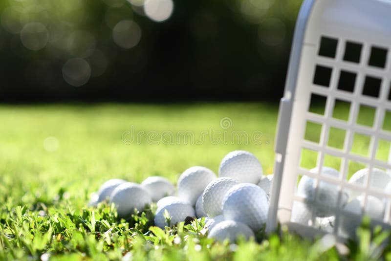 Golfballen in mand op groen gras voor praktijk