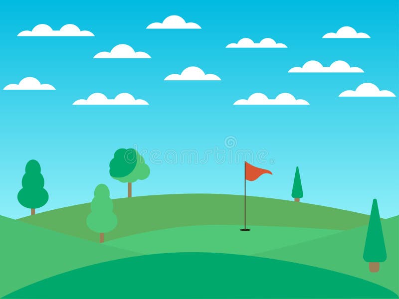 Golfbana med ett hål och en röd flagga Landskap med gräsplanfält och träd solig dag vektor vektor illustrationer Golfbana med ett hål och en röd flagga Landskap med gräsplanfält och träd solig dag vektor vektor illustrationer