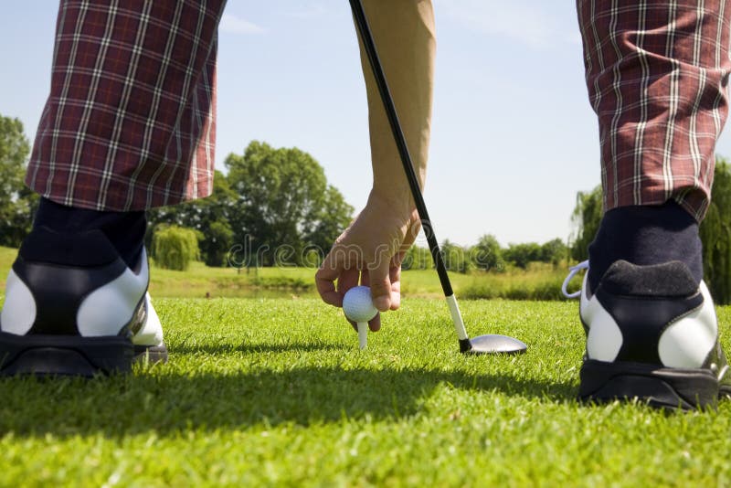 Golf club: golfer arranging the ball on the tee. Golf club: golfer arranging the ball on the tee