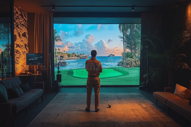 Golfer gioca a golf in un simulatore per interni. simulatore da golf. prodotto A a partire dal simulato di golf.