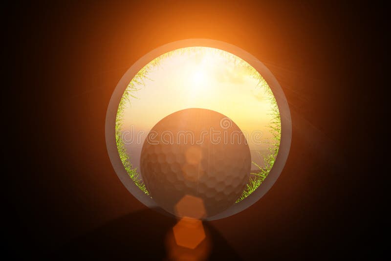 Golfer at golf ball view from inside the hole of cup in the green golf club play and lens flare on sun set evening time gold sky royalty free stock image Golfer at golf ball view from inside the hole of cup in the green golf club play and lens flare on sun set evening time gold sky royalty free stock image