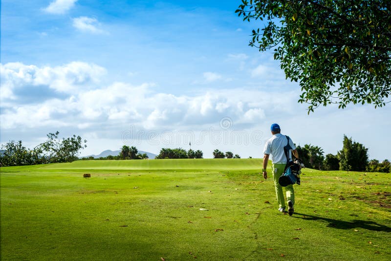 Golfer walking towards the green with palm trees and  in the background. Golfer walking towards the green with palm trees and  in the background