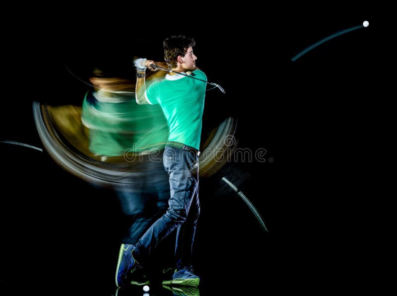 Golfer man golfing golf swing isolated black background multiple exposure