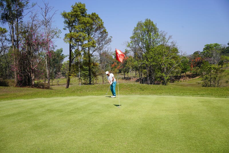 Golfer Playing Golf in the Evening Golf Course, on Sun Set Evening Time