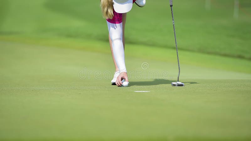 Golfer putting golf ball on green grass for check fairway to hole royalty free stock images Golfer putting golf ball on green grass for check fairway to hole royalty free stock images