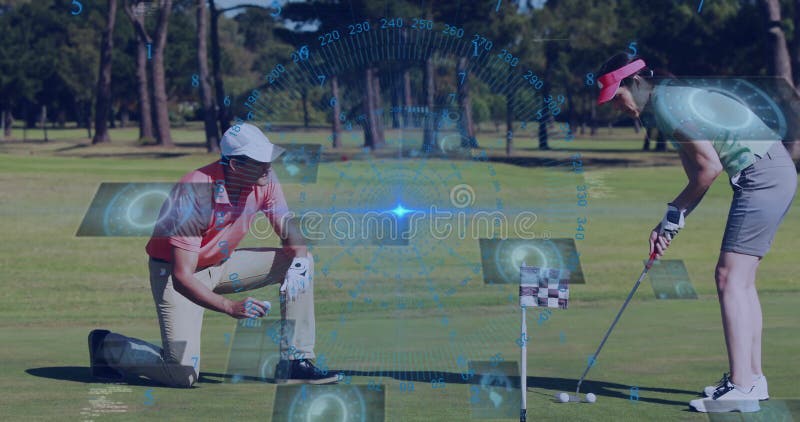 Golfers on green course preparing to putt with animation data overlay stock footage