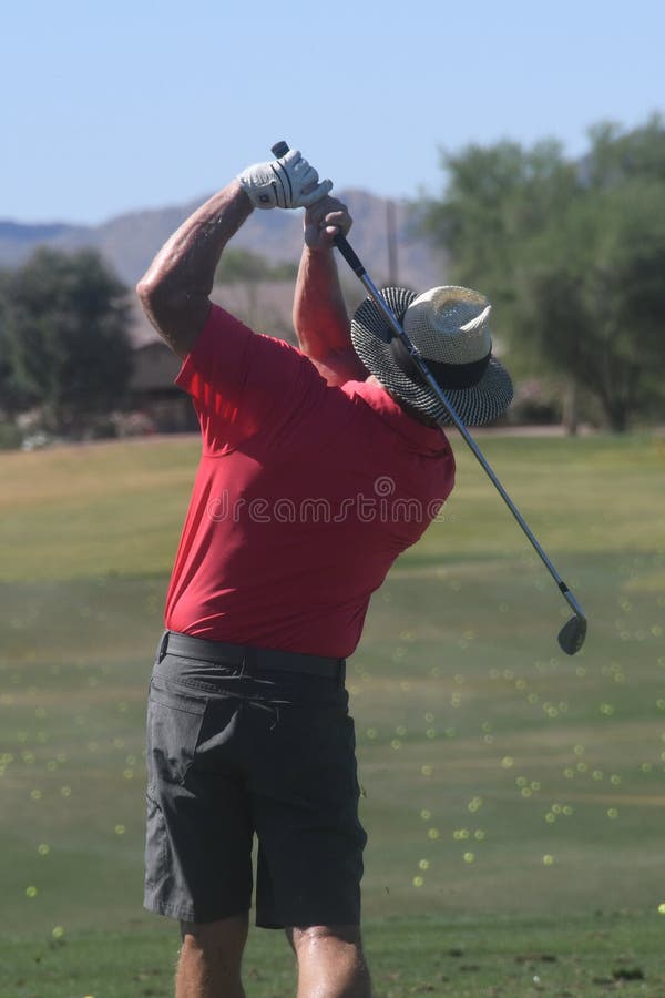 Golfista de sexo masculino que golpea una pelota de golf de una visi?n trasera imágenes de archivo libres de regalías Golfista de sexo masculino que golpea una pelota de golf de una visi?n trasera imágenes de archivo libres de regalías