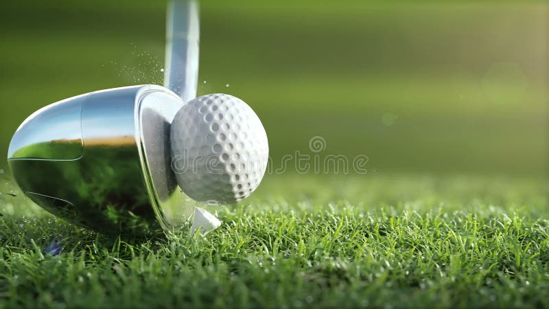 Golfklubben slår en golfboll i en toppen ultrarapid, i solig morgon