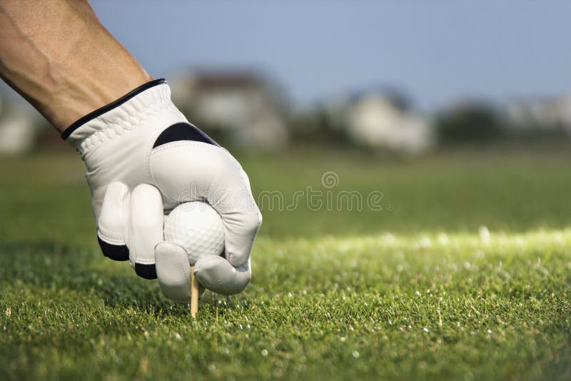 Male golfer places a golf ball and tee in the ground. Horizontal shot. Male golfer places a golf ball and tee in the ground. Horizontal shot.