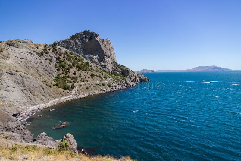 View of the Golitsyn trail in the New World in the Crimea in the daytime. View of the Golitsyn trail in the New World in the Crimea in the daytime