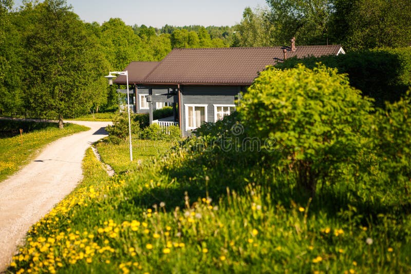 Grey wooden holiday home in a picturesque forest eco-Park. Cozy road to a country house in