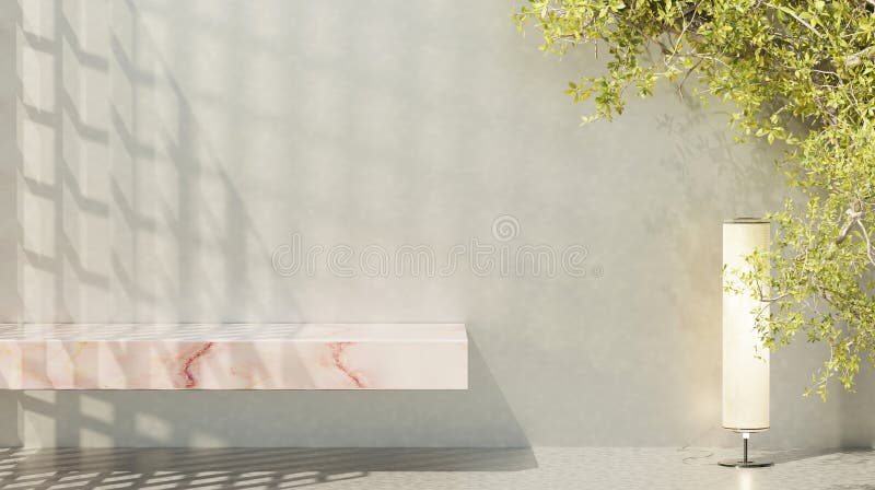 marble shelf wall shelf floor and wall shelf tree silhouette reflecting sunlight from the background luxury shelf Interior design 3D. marble shelf wall shelf floor and wall shelf tree silhouette reflecting sunlight from the background luxury shelf Interior design 3D