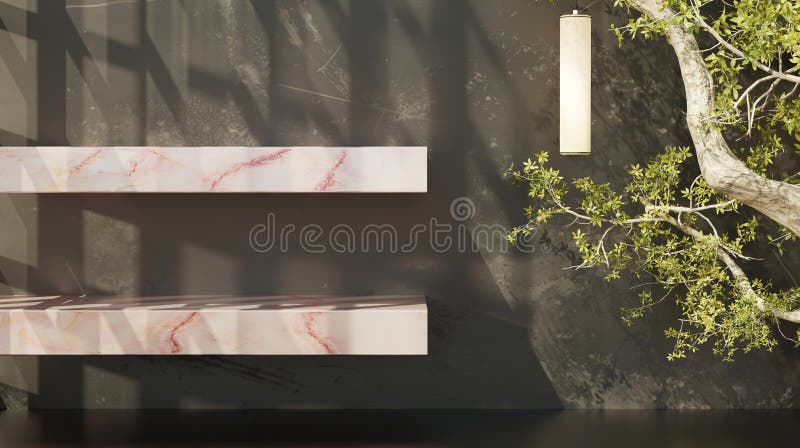 marble shelf wall shelf floor and wall shelf tree silhouette reflecting sunlight from the background luxury shelf Interior design 3D. marble shelf wall shelf floor and wall shelf tree silhouette reflecting sunlight from the background luxury shelf Interior design 3D